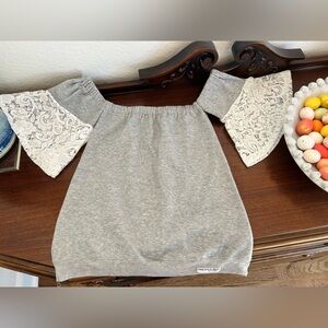 Poor Pitiful Pearl Reworked Off The Shoulder Heather Grey Lace Sleeve Top